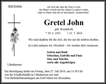 Traueranzeige von Gretel John von VRM Trauer