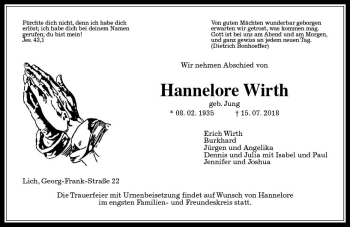 Traueranzeige von Hannelore Wirth von  Gießener Anzeiger