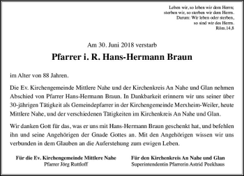 Traueranzeige von Hans-Hermann Braun von vrm-trauer