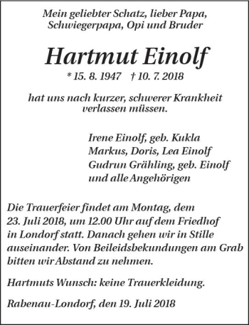 Traueranzeige von Hartmut Einolf von VRM Trauer