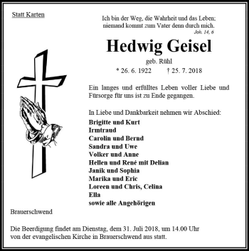 Traueranzeige von Hedwig Geisel von VRM Trauer