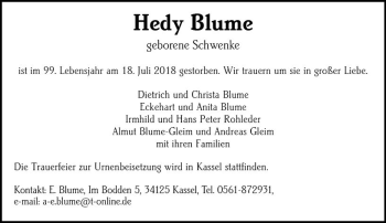 Traueranzeige von Hedy Blume von vrm-trauer