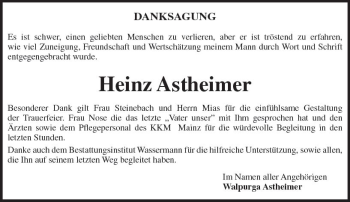 Traueranzeige von Heinz Astheimer von vrm-trauer