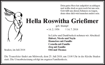 Traueranzeige von Hella Roswitha Grießmer von  Kreisanzeiger