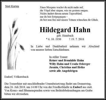 Traueranzeige von Hildegard Hahn von VRM Trauer