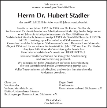 Traueranzeige von Hubert Stadler von vrm-trauer