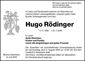 Traueranzeige von Hugo Rödinger von vrm-trauer