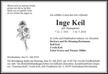 Traueranzeige von Inge Keil von VRM Trauer