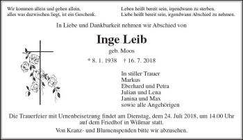 Traueranzeige von Inge Leib von  Gießener Anzeiger