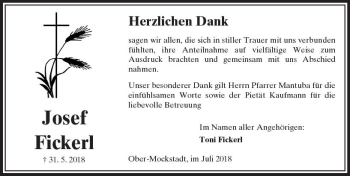 Traueranzeige von Josef Fickerl von  Kreisanzeiger