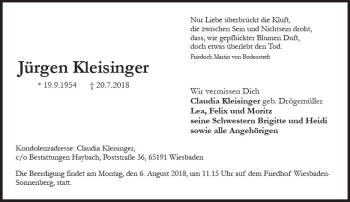 Traueranzeige von Jürgen Kleisinger von vrm-trauer