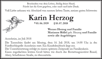 Traueranzeige von Karin Herzog von vrm-trauer