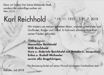 Traueranzeige von Karl Reichhold von  Kreisanzeiger