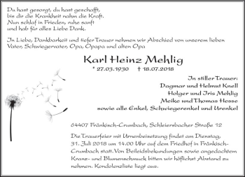 Traueranzeige von Karl Heinz Mehlig von vrm-trauer