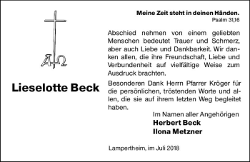Traueranzeige von Lieselotte Beck von vrm-trauer