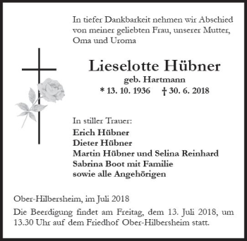 Traueranzeige von Lieselotte Hübner von vrm-trauer