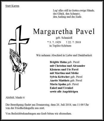 Traueranzeige von Margaretha Pavel von VRM Trauer