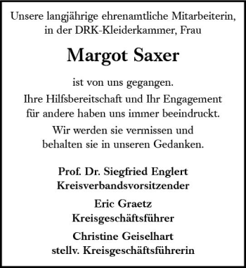 Traueranzeige von Margot Saxer von vrm-trauer