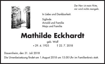 Traueranzeige von Mathilde Eckhardt von  Kreisanzeiger
