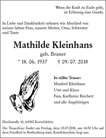 Traueranzeige von Mathilde Kleinhans von vrm-trauer