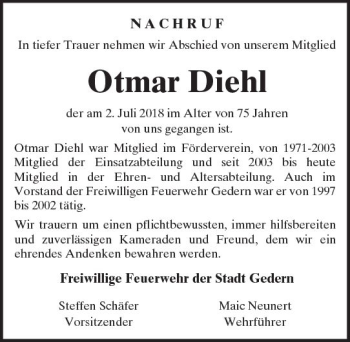 Traueranzeige von Otmar Diehl von  Kreisanzeiger