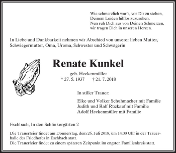 Traueranzeige von Renate Kunkel von  Usinger Anzeiger