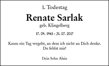 Traueranzeige von Renate Sarlak von vrm-trauer