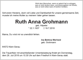 Traueranzeige von Ruth Anna Grohmann von vrm-trauer