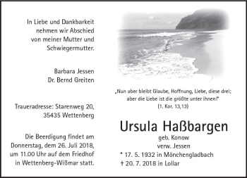 Traueranzeige von Ursula Haßbargen von  Gießener Anzeiger