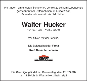 Traueranzeige von Walter Hucker von vrm-trauer