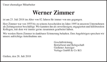 Traueranzeige von Werner Zimmer von  Gießener Anzeiger