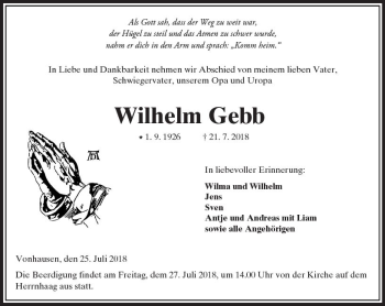 Traueranzeige von Wilhelm Gebb von  Kreisanzeiger