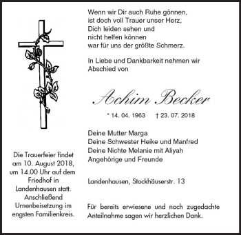 Traueranzeige von Achim Becker von VRM Trauer