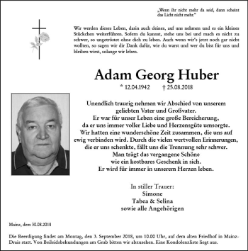 Traueranzeige von Adam Georg Huber von vrm-trauer
