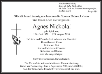 Traueranzeige von Agnes Nickolai von  Usinger Anzeiger