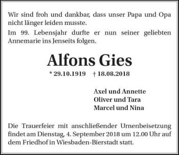 Traueranzeige von Alfons Gies von vrm-trauer