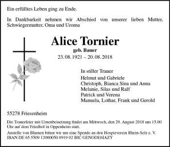 Traueranzeige von Alice Tornier von vrm-trauer