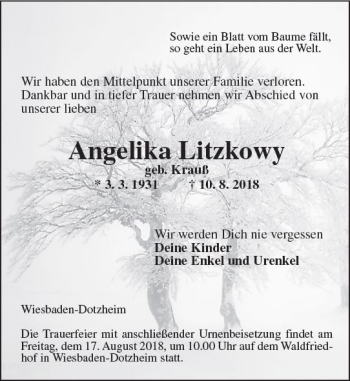 Traueranzeige von Angelika Litzkowy von vrm-trauer