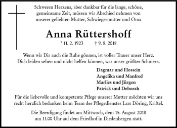 Traueranzeige von Anna Rüttershoff von vrm-trauer