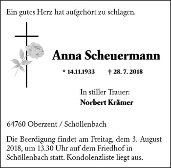 Traueranzeige von Anna Scheuermann von vrm-trauer