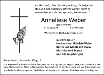 Traueranzeige von Anneliese Weber von vrm-trauer