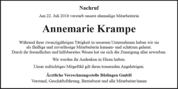 Traueranzeige von Annemarie Krampe von  Kreisanzeiger