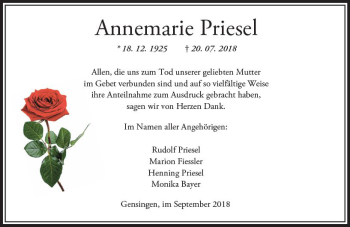 Traueranzeige von Annemarie Priesel von vrm-trauer