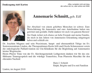 Traueranzeige von Annemarie Schmitt von  Gießener Anzeiger