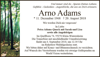 Traueranzeige von Arno Adams von vrm-trauer