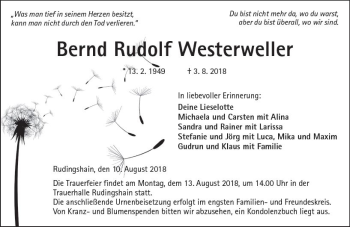Traueranzeige von Bernd Rudolf Westerweller von  Kreisanzeiger