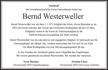 Traueranzeige von Bernd Rudolf Westerweller von  Kreisanzeiger