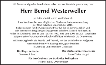 Traueranzeige von Bernd Rudolf Westerweller von  Kreisanzeiger