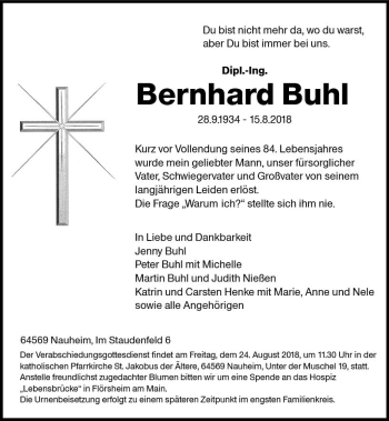 Traueranzeige von Bernhard Buhl von vrm-trauer
