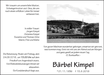 Traueranzeige von Bärbel Kimpel von VRM Trauer